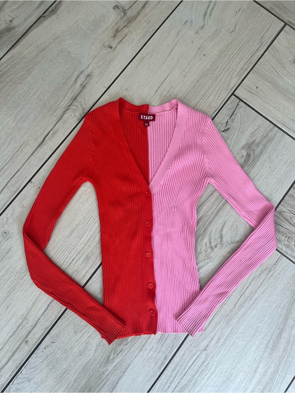 STAUD Two-Tone Ribbed V-Neck Cardigan - Red & Pink